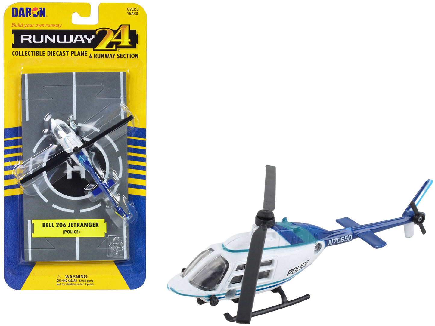 Bell 206 Jetranger Helicopter White and Blue "Police-N70650" with Runway Section Diecast Model by Runway24-DiecastModeler.com
