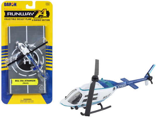 Bell 206 Jetranger Helicopter White and Blue "Police-N70650" with Runway Section Diecast Model by Runway24-DiecastModeler.com