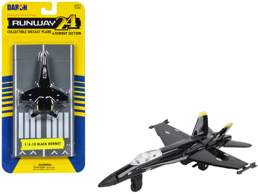 McDonnell Douglas F/A-18 Hornet Fighter Aircraft Black "United States Navy" with Runway Section Diecast Model Airplane by Runway24-DiecastModeler.com
