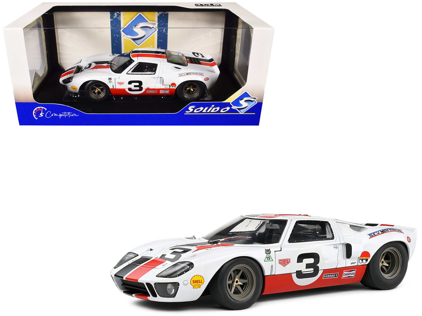 Ford GT40 MK1 #3 "Eric Dean Design" White with Red and Black Stripes "Competition" Series 1/18 Diecast Model Car by Solido-DiecastModeler.com