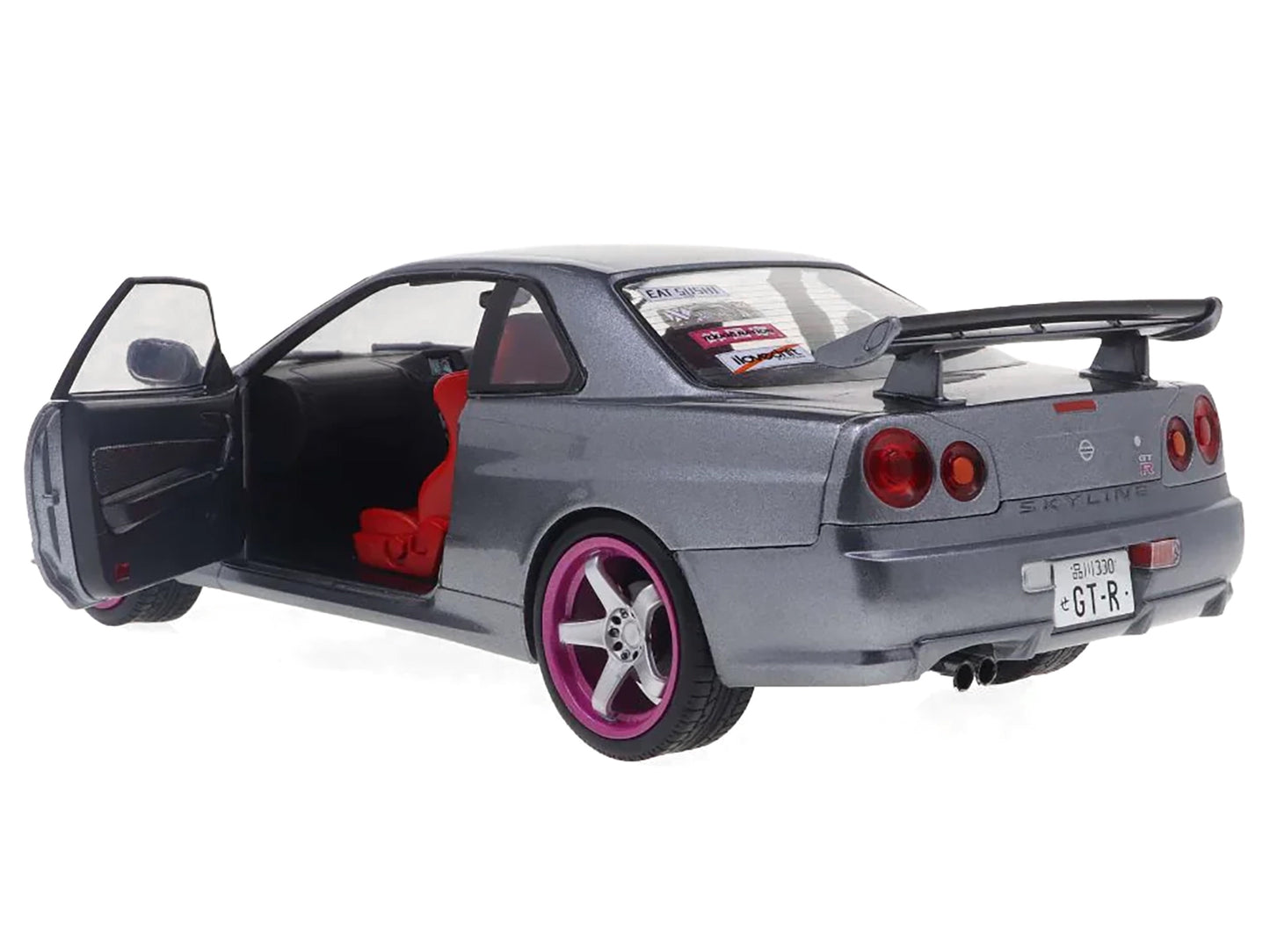 1999 Nissan Skyline GT-R (R34) RHD (Right Hand Drive) Silver Metallic with Purple Wheels 1/18 Diecast Model Car by Solido-DiecastModeler.com