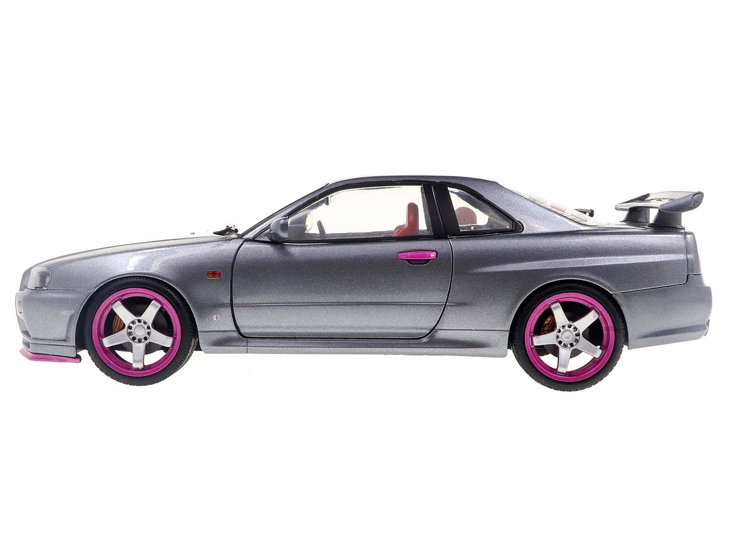 1999 Nissan Skyline GT-R (R34) RHD (Right Hand Drive) Silver Metallic with Purple Wheels 1/18 Diecast Model Car by Solido-DiecastModeler.com