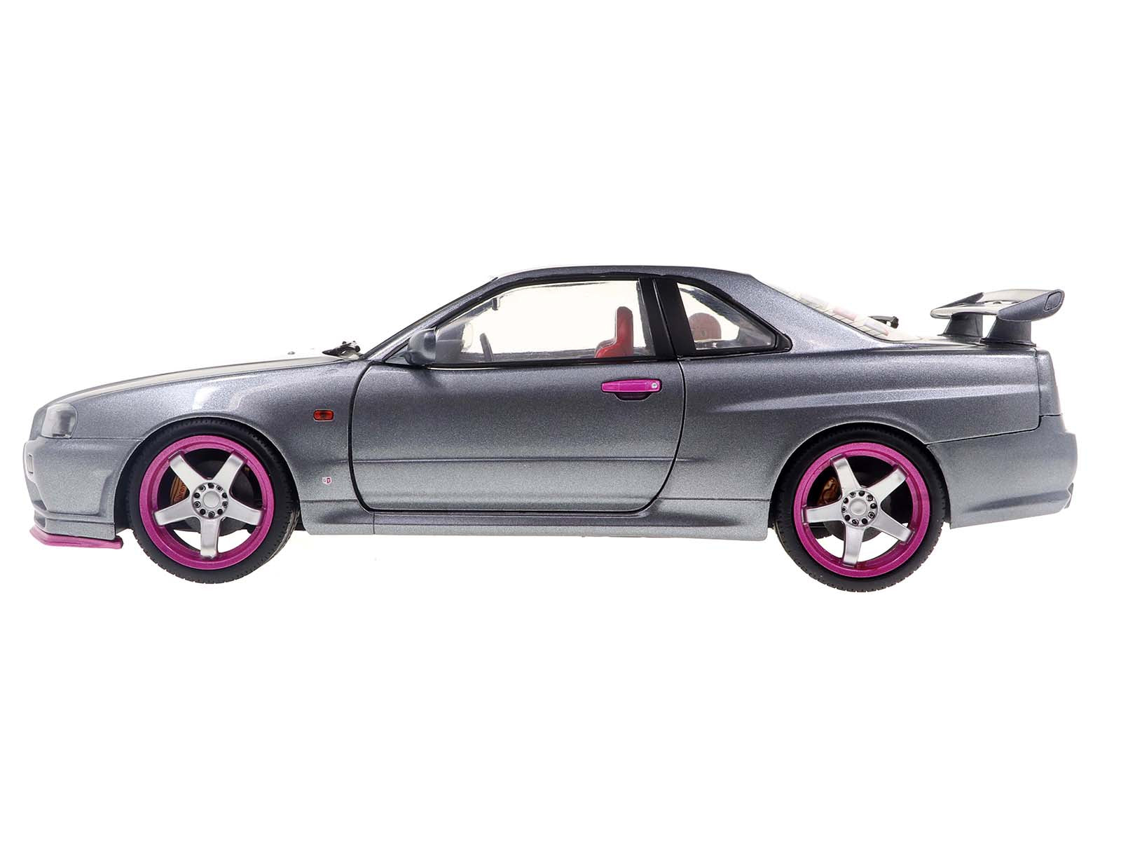 1999 Nissan Skyline GT-R (R34) RHD (Right Hand Drive) Silver Metallic with Purple Wheels 1/18 Diecast Model Car by Solido-DiecastModeler.com