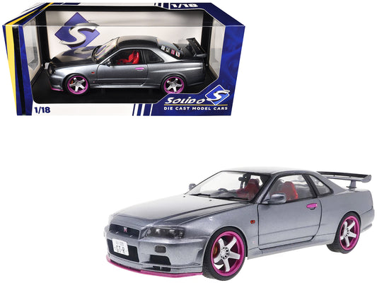 1999 Nissan Skyline GT-R (R34) RHD (Right Hand Drive) Silver Metallic with Purple Wheels 1/18 Diecast Model Car by Solido