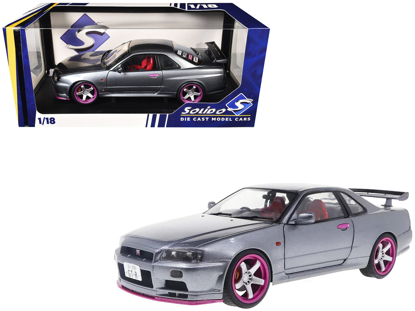 1999 Nissan Skyline GT-R (R34) RHD (Right Hand Drive) Silver Metallic with Purple Wheels 1/18 Diecast Model Car by Solido-DiecastModeler.com