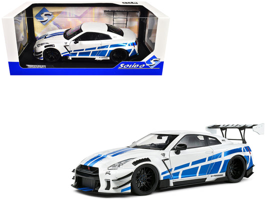 2024 Nissan GT-R (R35) RHD (Right Hand Drive) with Liberty Walk 2.0 Body Kit White Metallic with Blue Stripes "For Paul Tribute" 1/18 Diecast Model Car by Solido