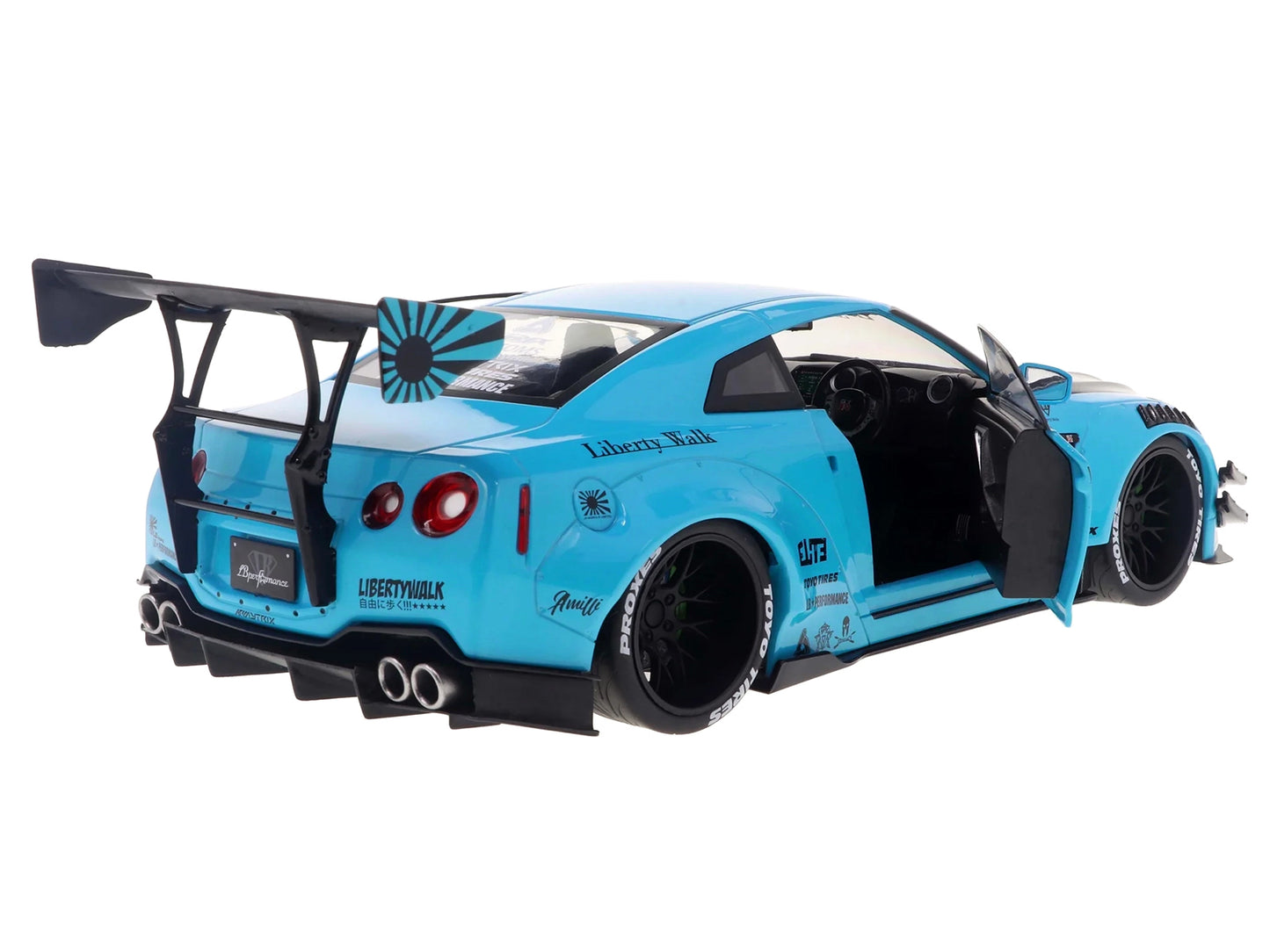 2023 Nissan GT-R (R35) Liberty Walk Body Kit 2.0 RHD (Right Hand Drive) Baby Blue with Carbon Hood 1/18 Diecast Model Car by Solido