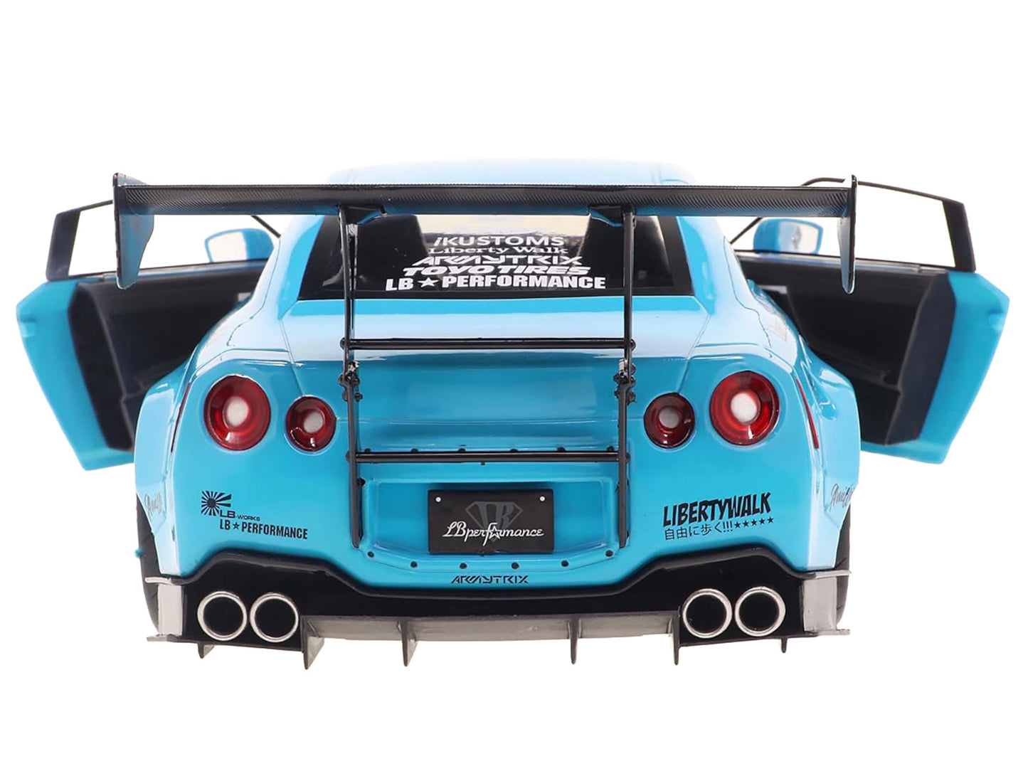 2023 Nissan GT-R (R35) Liberty Walk Body Kit 2.0 RHD (Right Hand Drive) Baby Blue with Carbon Hood 1/18 Diecast Model Car by Solido-DiecastModeler.com