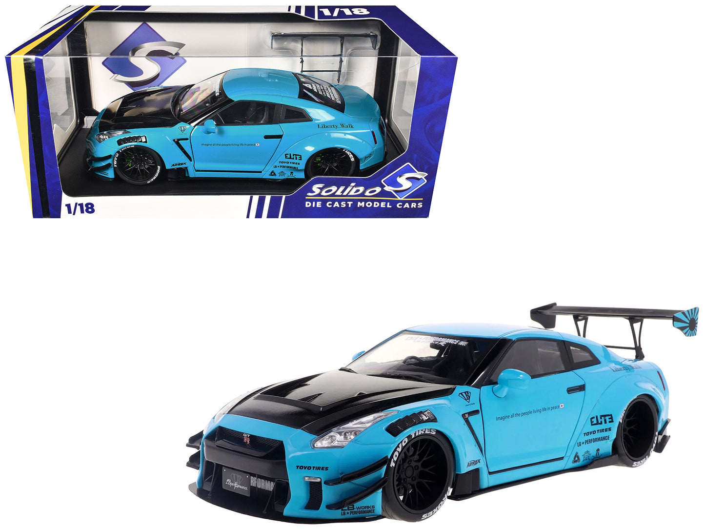 2023 Nissan GT-R (R35) Liberty Walk Body Kit 2.0 RHD (Right Hand Drive) Baby Blue with Carbon Hood 1/18 Diecast Model Car by Solido-DiecastModeler.com