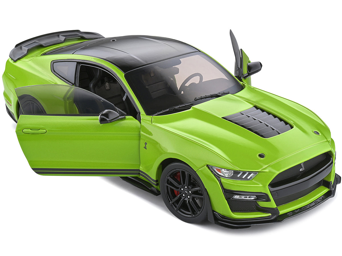 2020 Ford Mustang Shelby GT500 Grabber Lime Green Metallic with Black Top and Stripes 1/18 Diecast Model Car by Solido-DiecastModeler.com