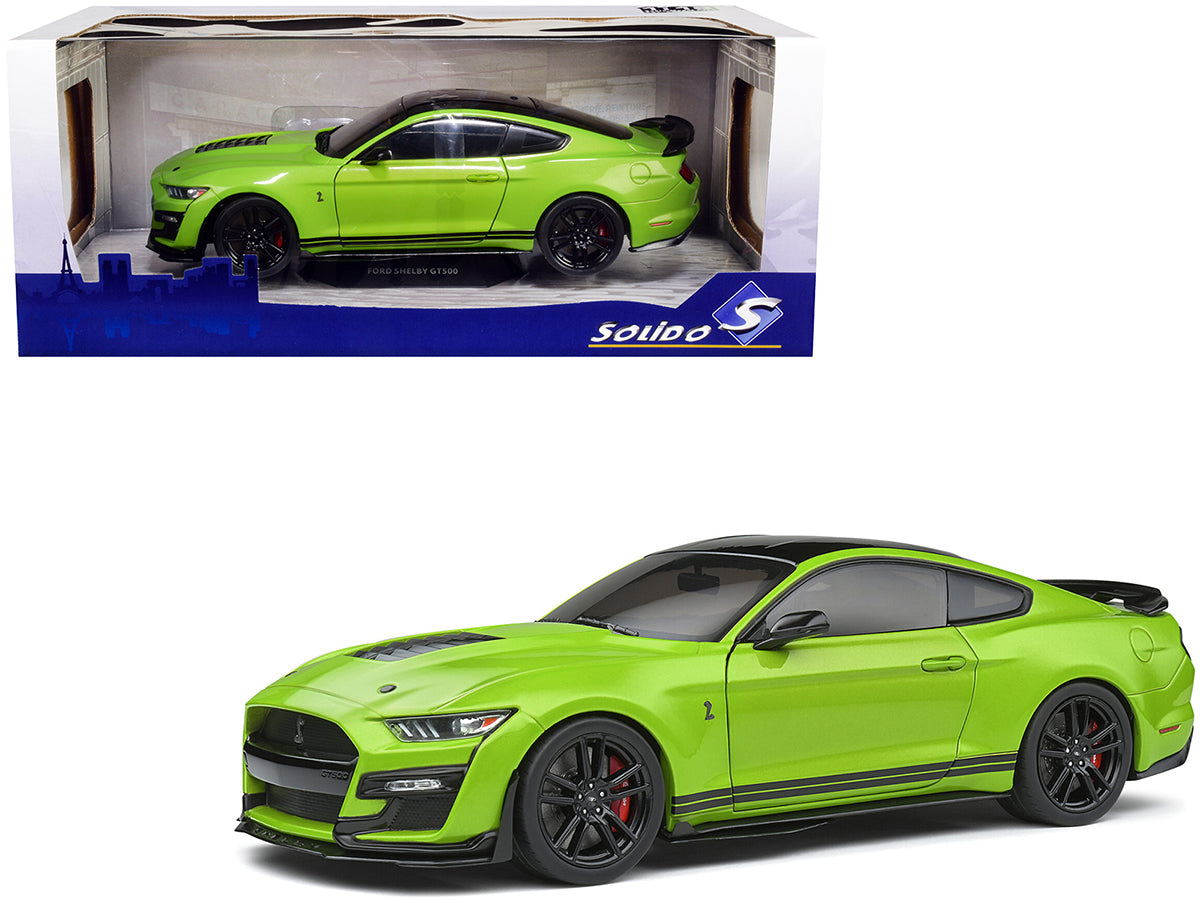 2020 Ford Mustang Shelby GT500 Grabber Lime Green Metallic with Black Top and Stripes 1/18 Diecast Model Car by Solido-DiecastModeler.com