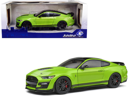 2020 Ford Mustang Shelby GT500 Grabber Lime Green Metallic with Black Top and Stripes 1/18 Diecast Model Car by Solido-DiecastModeler.com