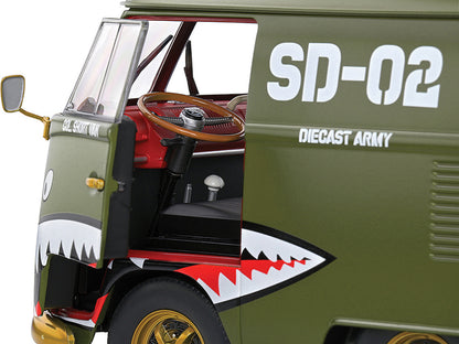 1950 Volkswagen Kool Kombi Van with Trailer "Army Fighter" Green with Graphics 1/18 Diecast Model Car by Solido