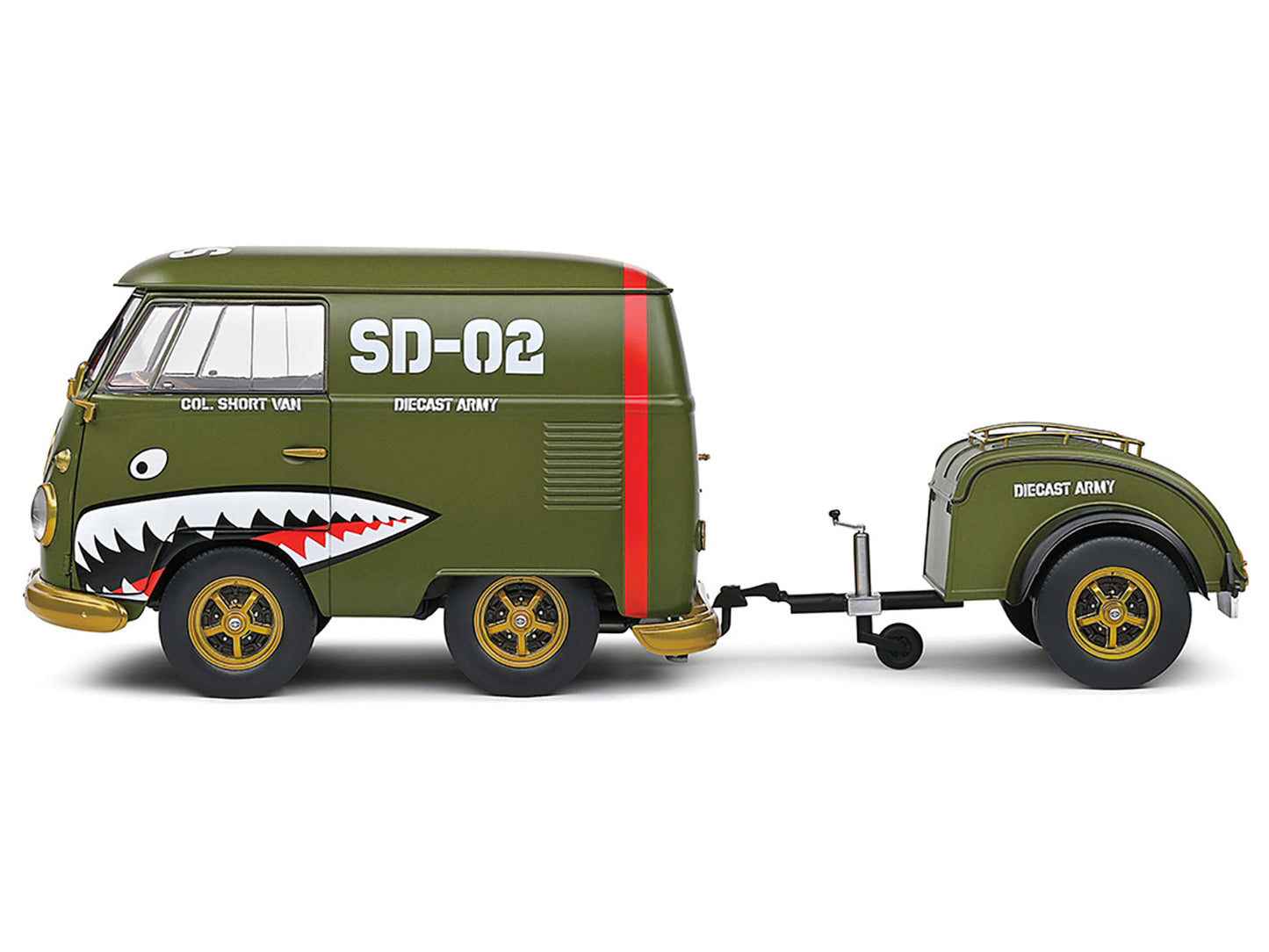 1950 Volkswagen Kool Kombi Van with Trailer "Army Fighter" Green with Graphics 1/18 Diecast Model Car by Solido-DiecastModeler.com