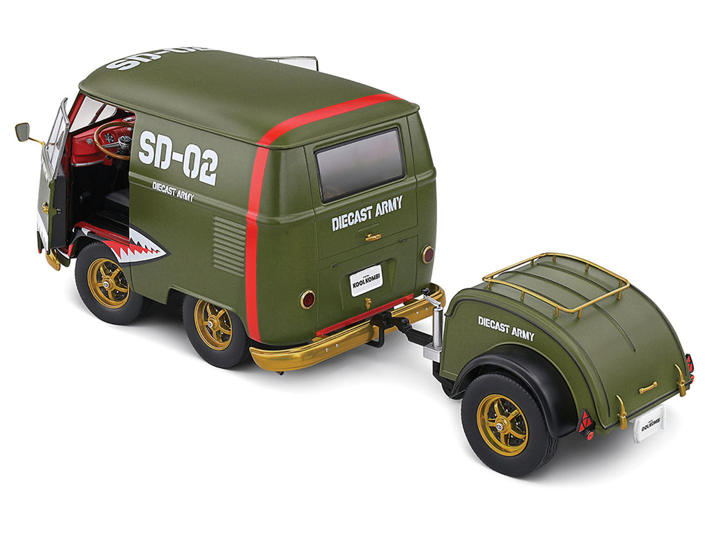 1950 Volkswagen Kool Kombi Van with Trailer "Army Fighter" Green with Graphics 1/18 Diecast Model Car by Solido-DiecastModeler.com