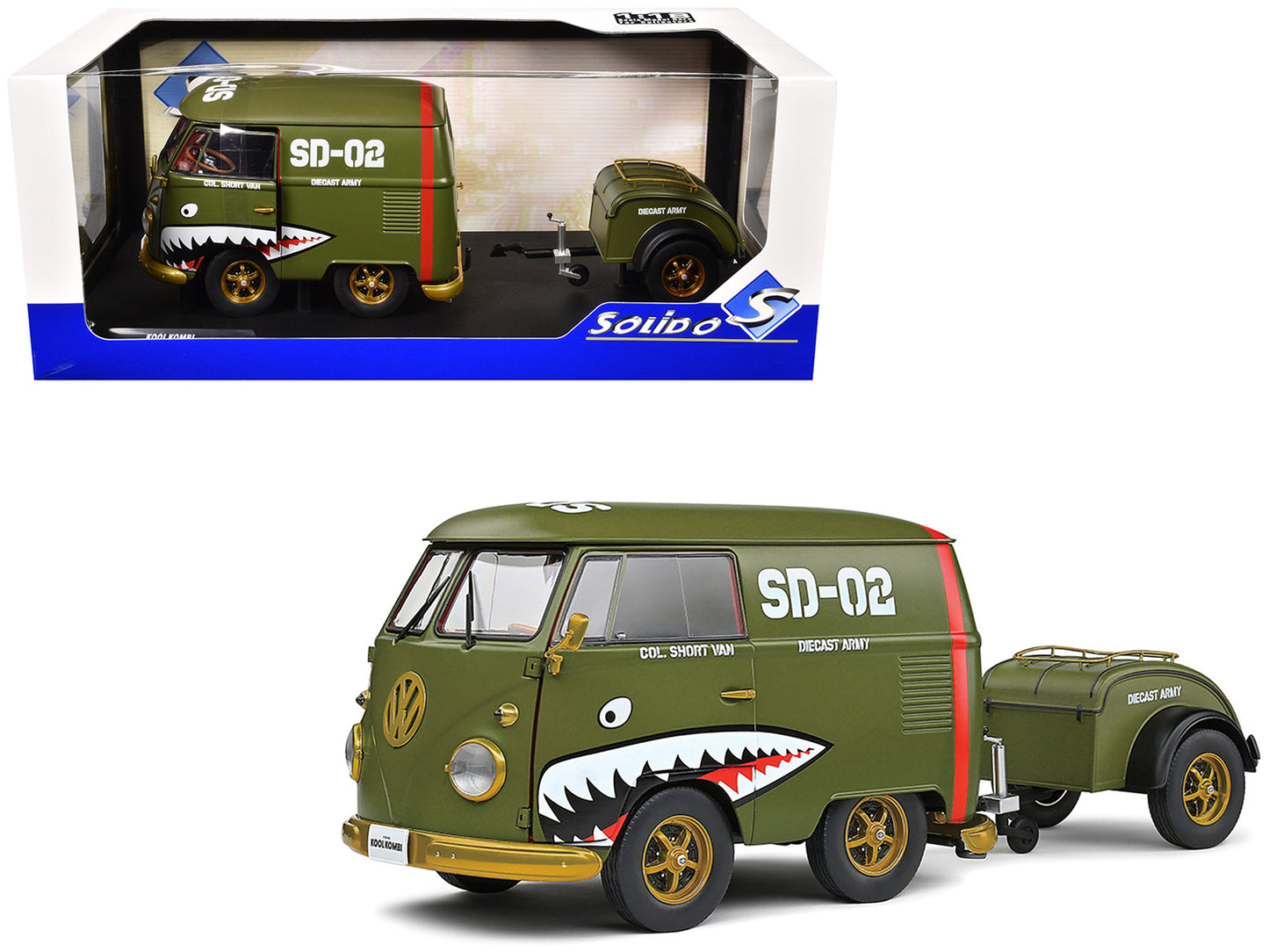 1950 Volkswagen Kool Kombi Van with Trailer "Army Fighter" Green with Graphics 1/18 Diecast Model Car by Solido-DiecastModeler.com