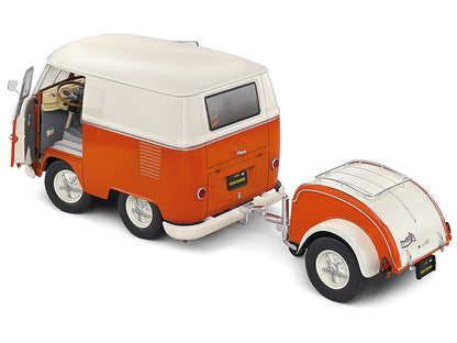 1950 Volkswagen Kool Kombi Van with Trailer Orange and White 1/18 Diecast Model Car by Solido