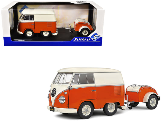 1950 Volkswagen Kool Kombi Van with Trailer Orange and White 1/18 Diecast Model Car by Solido