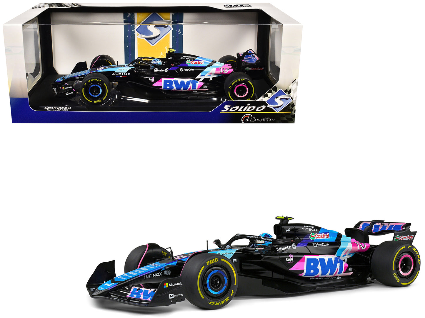 Alpine A524 #10 Pierre Gasly "BWT" Formula One F1 Monaco GP (2024) "Competition" Series 1/18 Diecast Model Car by Solido-DiecastModeler.com