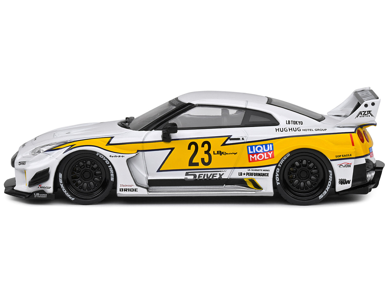 2019 Nissan GTR35 "LBWK Silhouette" RHD (Right Hand Drive) #23 White with Yellow Graphics 1/43 Diecast Model Car by Solido-DiecastModeler.com