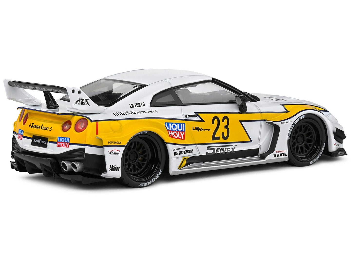 2019 Nissan GTR35 "LBWK Silhouette" RHD (Right Hand Drive) #23 White with Yellow Graphics 1/43 Diecast Model Car by Solido-DiecastModeler.com