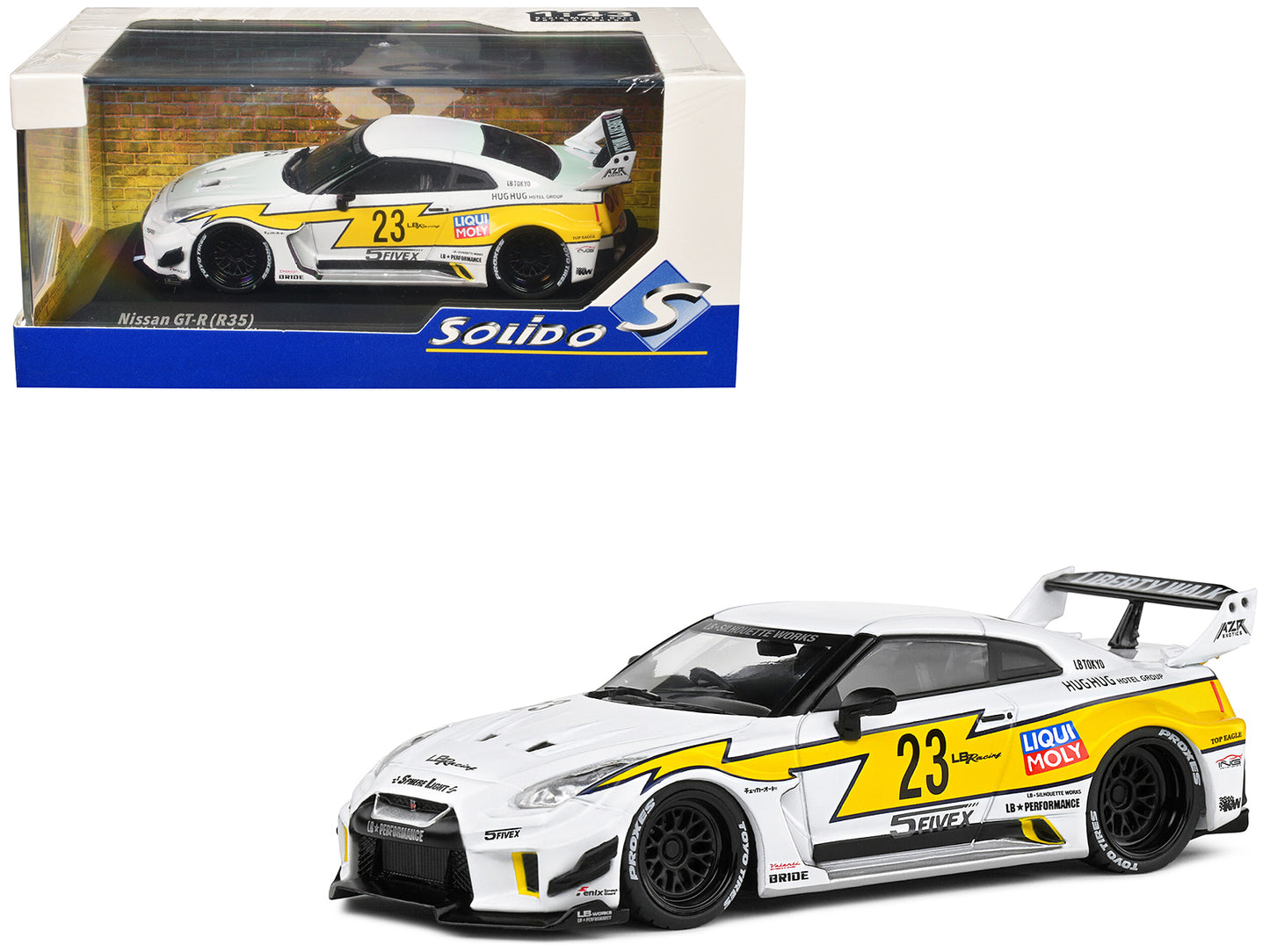 2019 Nissan GTR35 "LBWK Silhouette" RHD (Right Hand Drive) #23 White with Yellow Graphics 1/43 Diecast Model Car by Solido-DiecastModeler.com