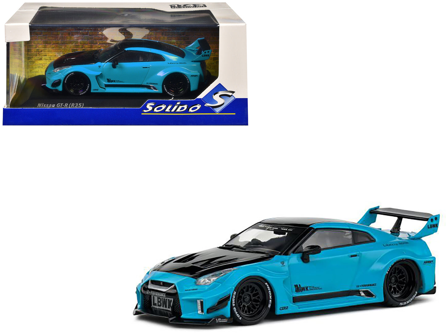 2019 Nissan GT-R (R35) LB-Silhouette Works RHD (Right Hand Drive) Miami Blue with Black Hood and Top 1/43 Diecast Model Car by Solido