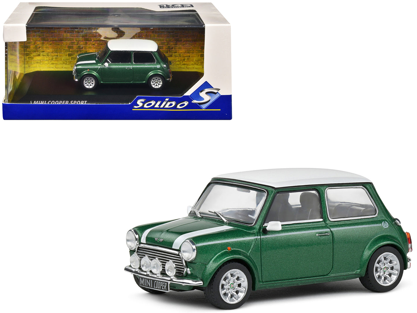 1994 Mini Cooper Sport British Racing Green with White Top and Stripes 1/43 Diecast Model Car by Solido