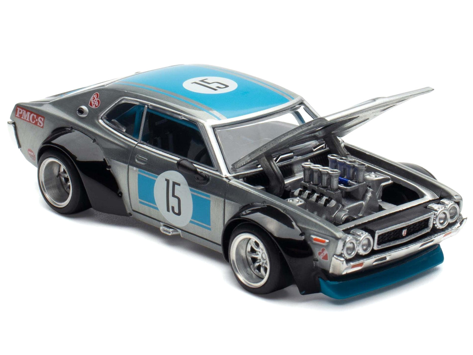Datsun Laurel C130 RHD (Right Hand Drive) #15 Raw Metal with Blue Stripes "APA XPO 2025 Exclusive" 1/64 Diecast Model Car by Pop Race-DiecastModeler.com