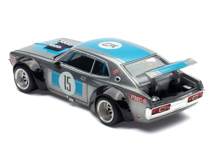 Datsun Laurel C130 RHD (Right Hand Drive) #15 Raw Metal with Blue Stripes "APA XPO 2025 Exclusive" 1/64 Diecast Model Car by Pop Race-DiecastModeler.com