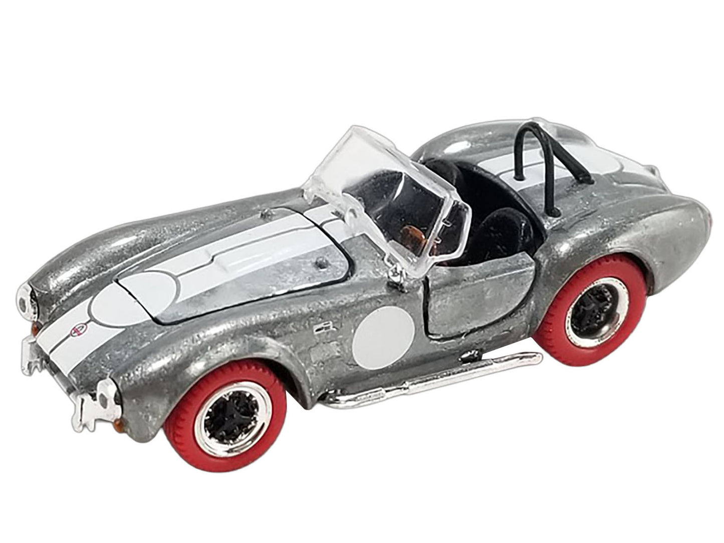 Shelby Cobra 427 S/C Raw Metal with White Stripes and Red Tires "Shelby Collectibles" Series 1/64 Diecast Model Car by ACME