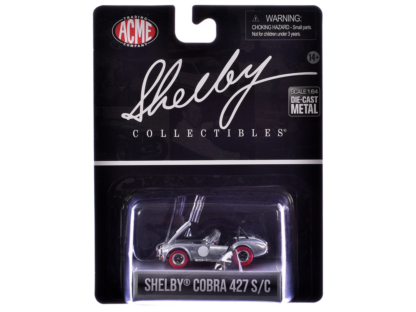 Shelby Cobra 427 S/C Raw Metal with White Stripes and Red Tires "Shelby Collectibles" Series 1/64 Diecast Model Car by ACME-DiecastModeler.com