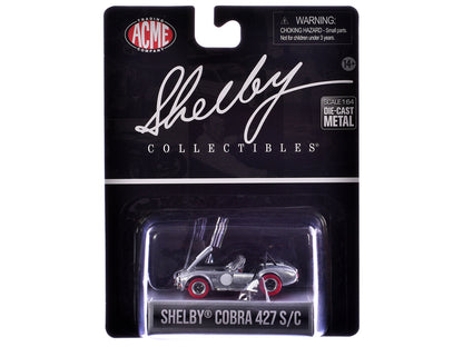 Shelby Cobra 427 S/C Raw Metal with White Stripes and Red Tires "Shelby Collectibles" Series 1/64 Diecast Model Car by ACME-DiecastModeler.com