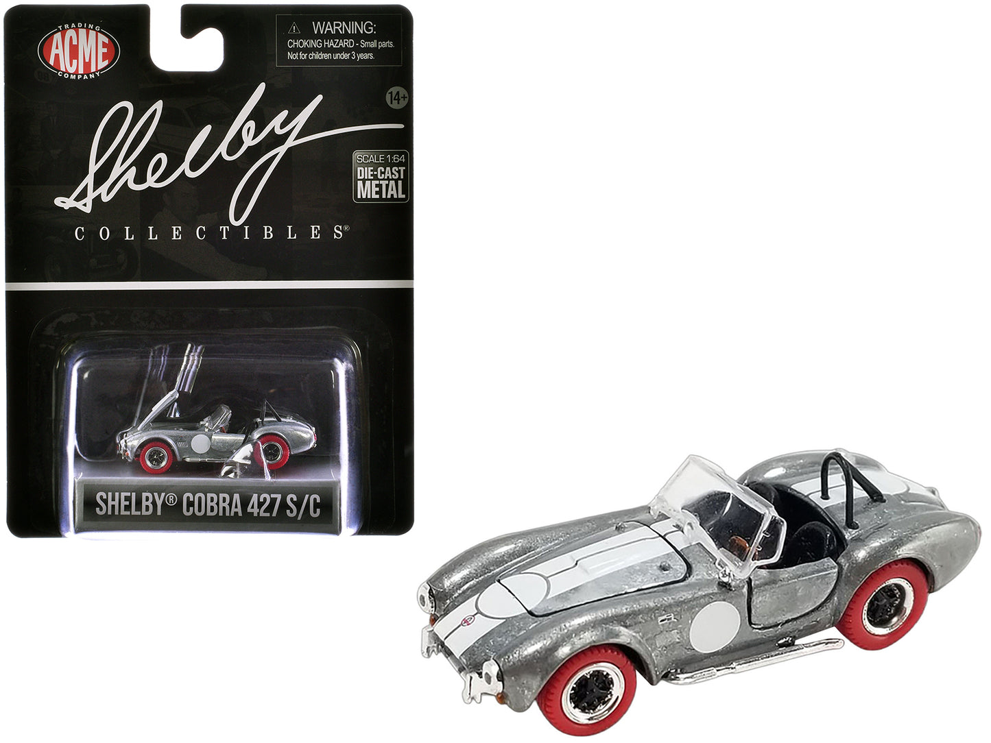 Shelby Cobra 427 S/C Raw Metal with White Stripes and Red Tires "Shelby Collectibles" Series 1/64 Diecast Model Car by ACME-DiecastModeler.com