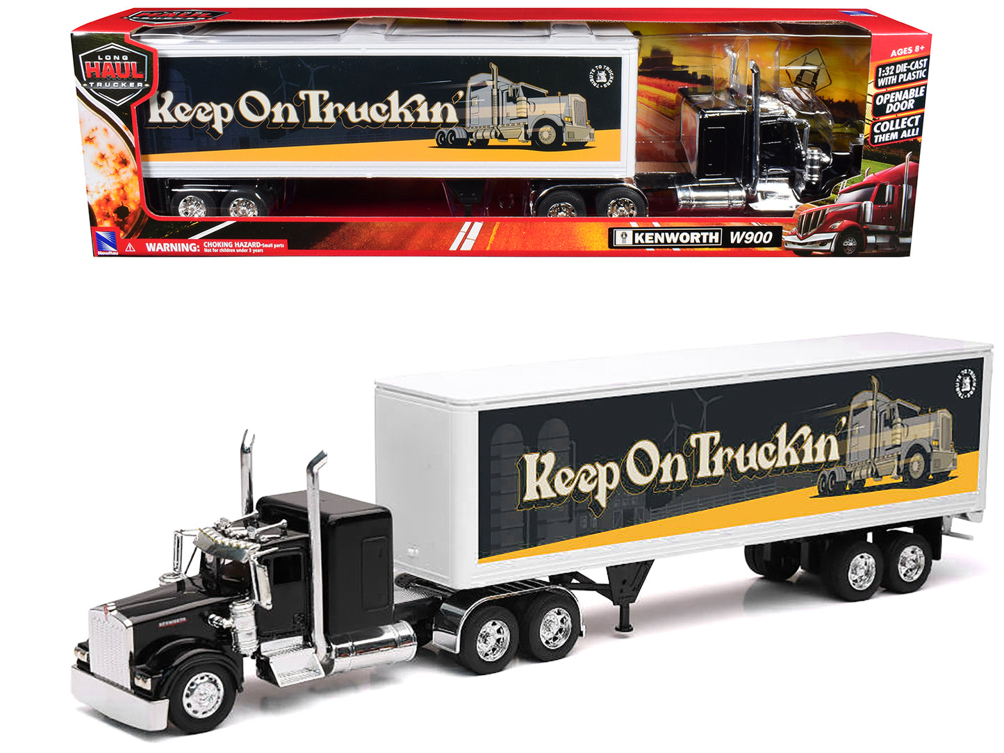 Kenworth W900 Truck Black with Dry Van Trailer "Tribute To Truckers Keep on Truckin'" "Long Haul Truckers" Series 1/32 Diecast Model by New Ray-DiecastModeler.com
