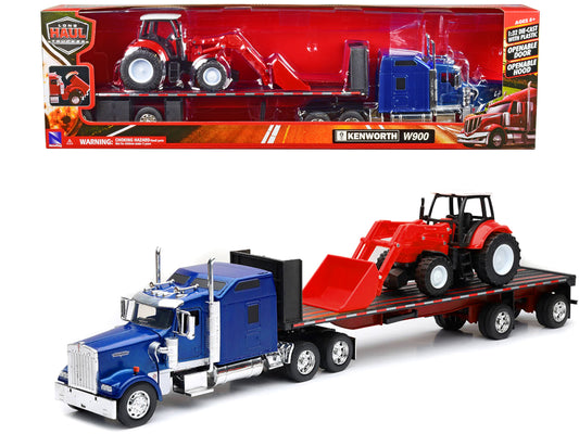 Kenworth W900 Truck with Flatbed Trailer Blue Metallic with Farm Tractor Red "Long Haul Truckers" Series 1/32 Diecast Model by New Ray-DiecastModeler.com