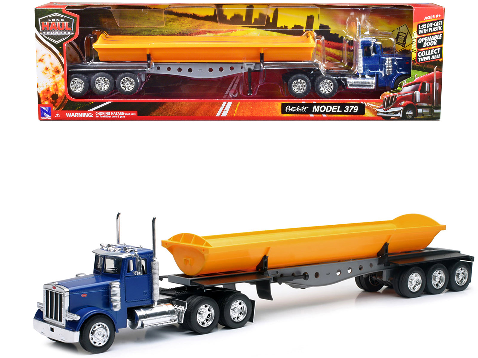 Peterbilt 379 Truck with Side Dump Blue and Yellow "Long Haul Truckers" Series 1/32 Diecast Model by New Ray-DiecastModeler.com