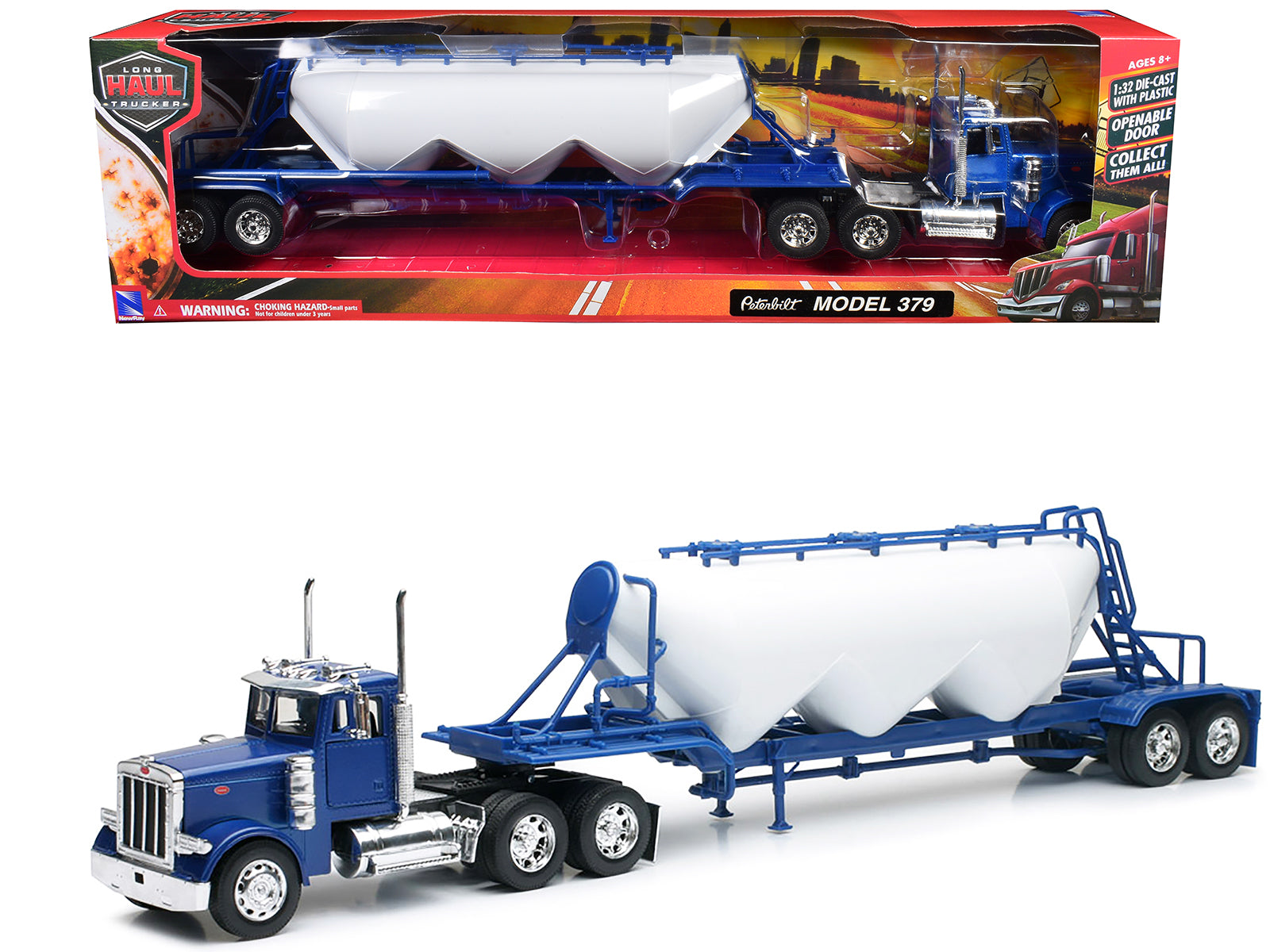 Peterbilt 379 Truck Blue with Pneumatic Tanker Trailer White "Long Haul Truckers" Series 1/32 Diecast Model by New Ray-DiecastModeler.com