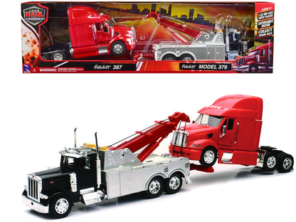 Peterbilt 379 Tow Truck Black with Peterbilt 387 Truck Tractor Red Set of 2 pieces 1/32 Diecast Model by New Ray-DiecastModeler.com