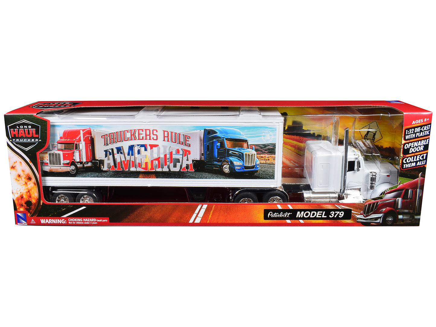 Peterbilt 379 Truck White with Dry Van Trailer "Truckers Rule America" "Long Haul Truckers" Series 1/32 Diecast Model by New Ray