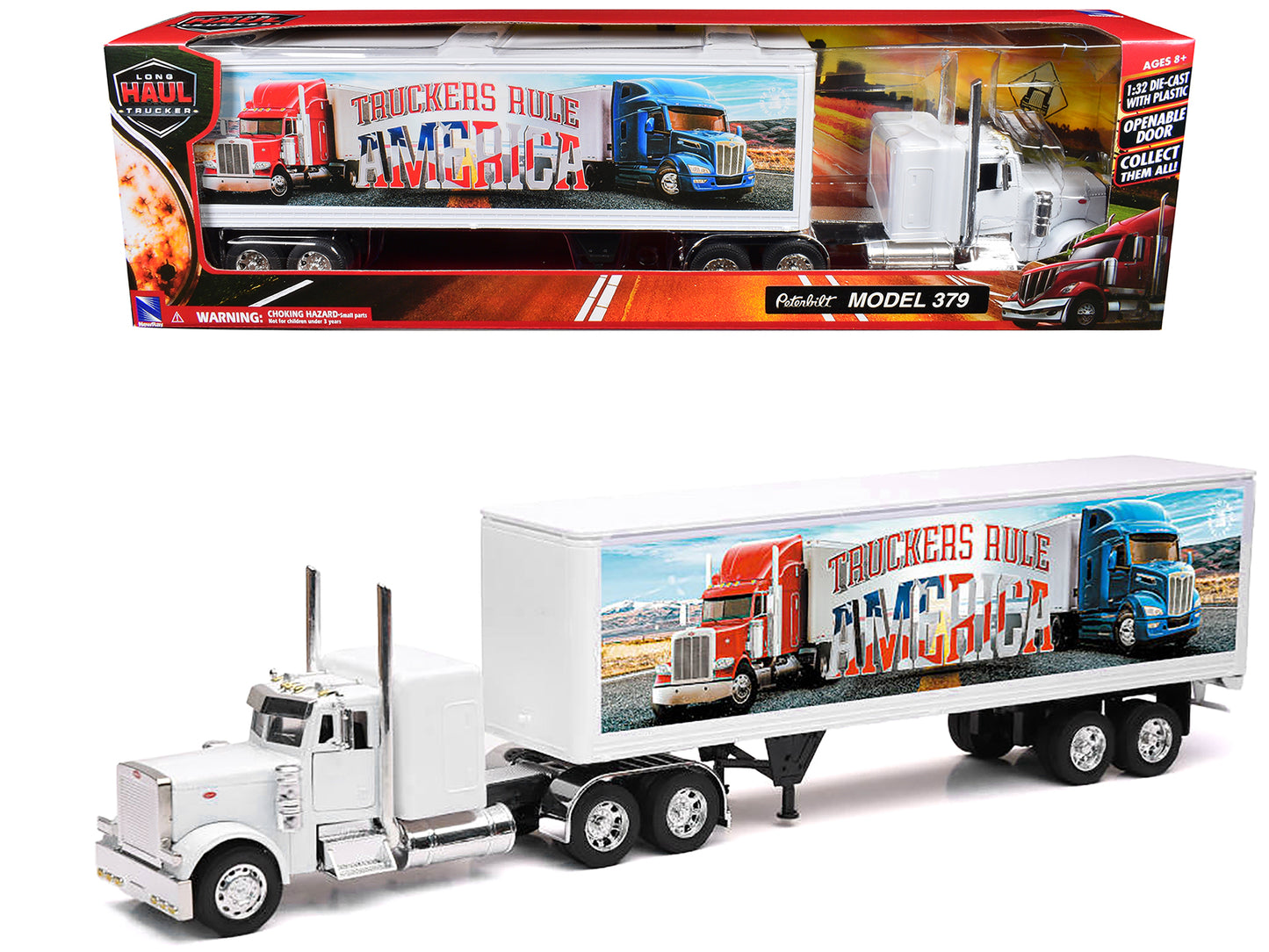 Peterbilt 379 Truck White with Dry Van Trailer "Truckers Rule America" "Long Haul Truckers" Series 1/32 Diecast Model by New Ray-DiecastModeler.com