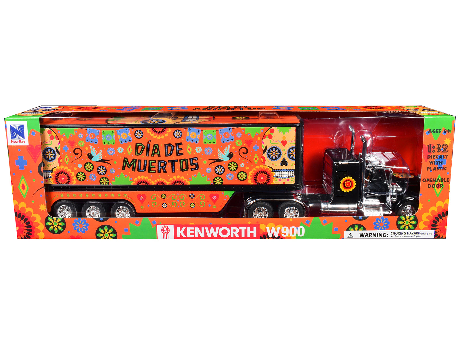 Kenworth W900 Truck Black with Graphics and Dry Van Trailer "Dia De Muertos" 1/32 Diecast Model by New Ray-DiecastModeler.com