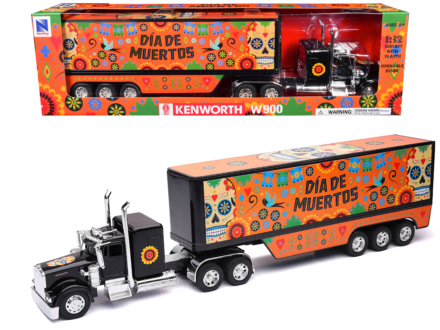 Kenworth W900 Truck Black with Graphics and Dry Van Trailer "Dia De Muertos" 1/32 Diecast Model by New Ray-DiecastModeler.com