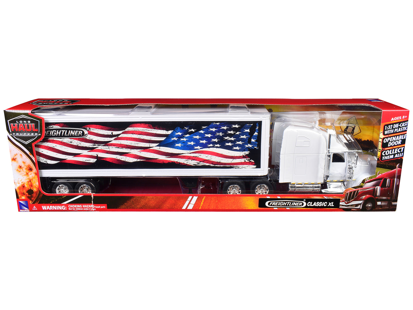 Freightliner Classic XL Truck White with Dry Van Trailer White with Patriotic Graphic "Long Haul Truckers" Series 1/32 Diecast Model by New Ray-DiecastModeler.com