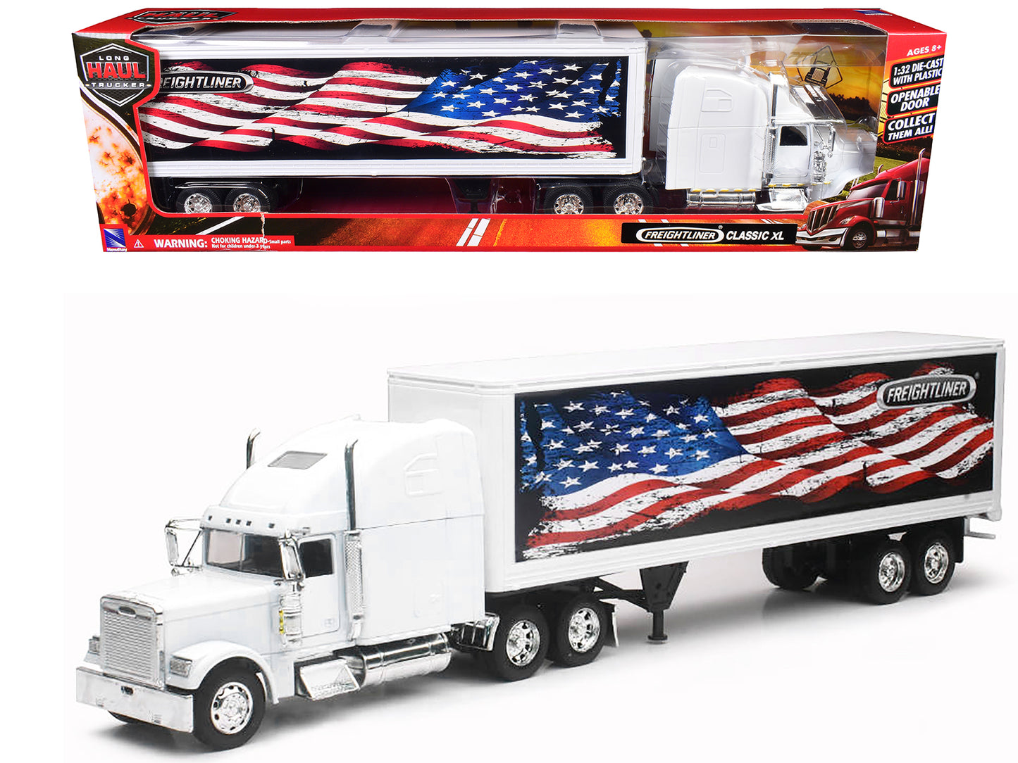 Freightliner Classic XL Truck White with Dry Van Trailer White with Patriotic Graphic "Long Haul Truckers" Series 1/32 Diecast Model by New Ray