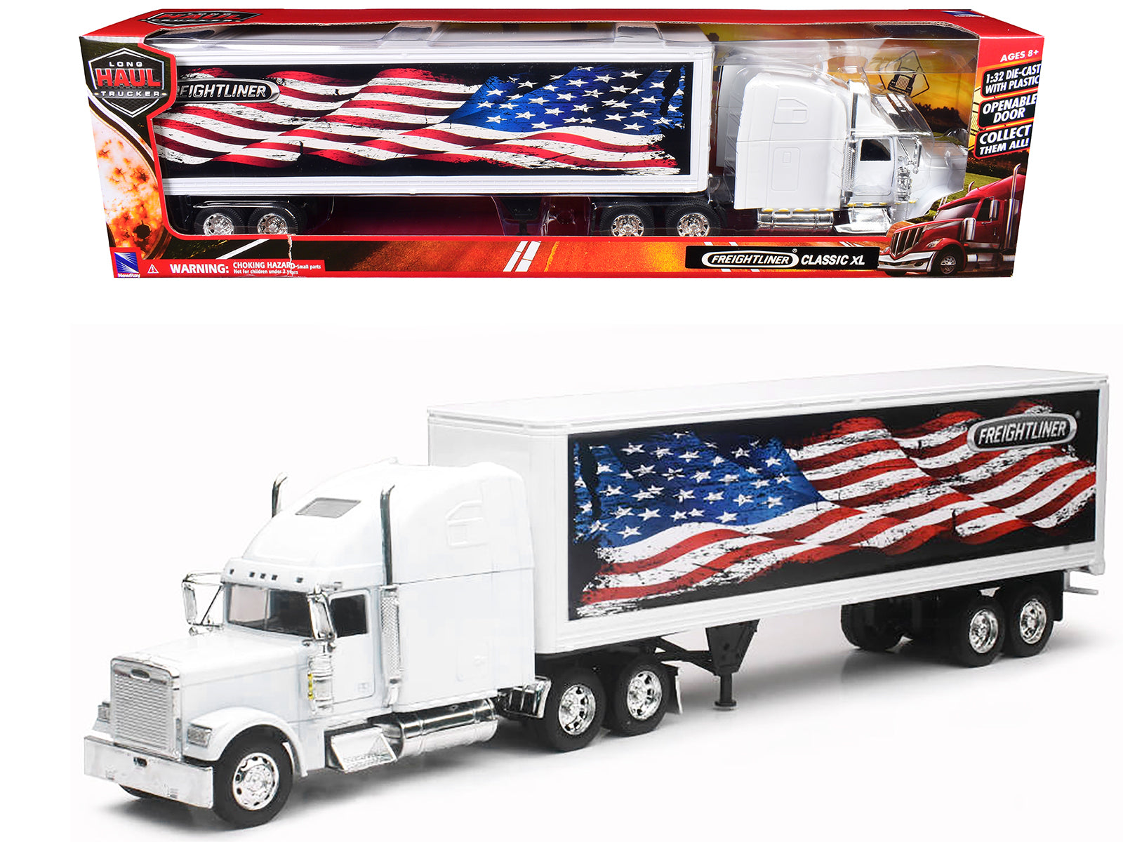 Freightliner Classic XL Truck White with Dry Van Trailer White with Patriotic Graphic "Long Haul Truckers" Series 1/32 Diecast Model by New Ray-DiecastModeler.com