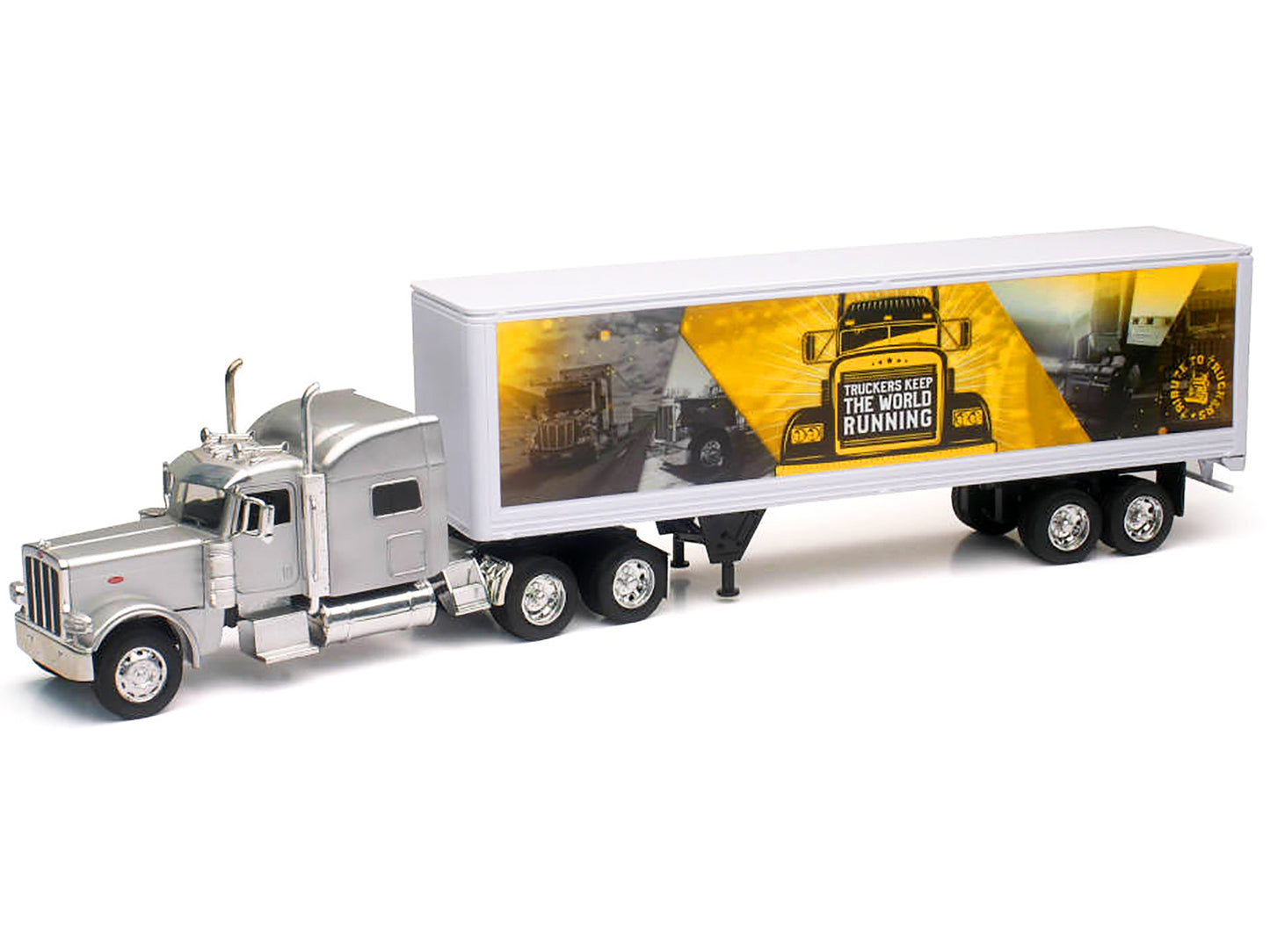 Peterbilt 389 Truck Silver Metallic with Dry Van Trailer "Trucker Keep The World Running" "Long Haul Truckers" Series 1/32 Diecast Model by New Ray-DiecastModeler.com