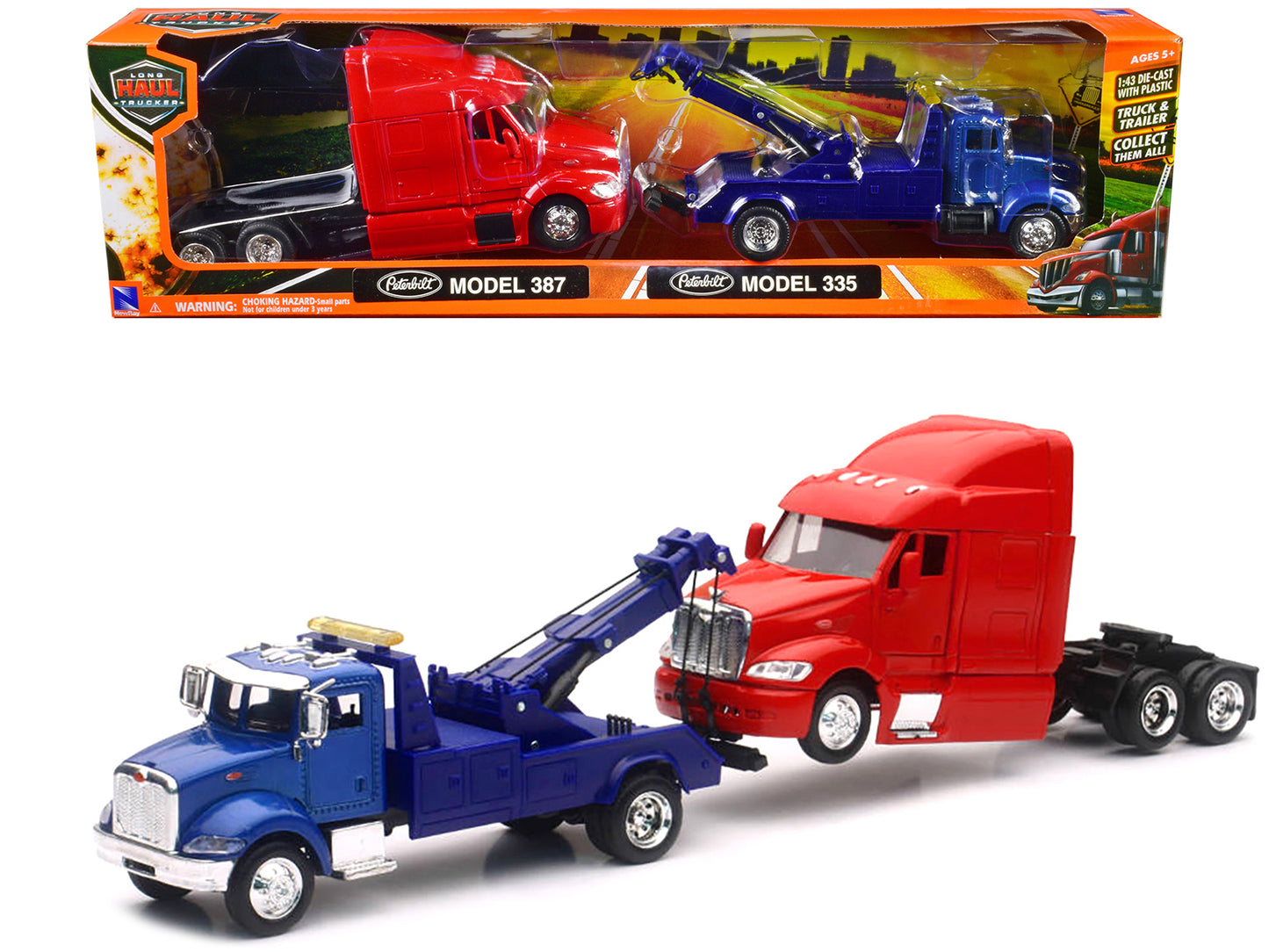 Peterbilt Model 335 Tow Truck Blue and Peterbilt Model 387 Cab Red Set of 2 Pieces 1/43 by New Ray-DiecastModeler.com