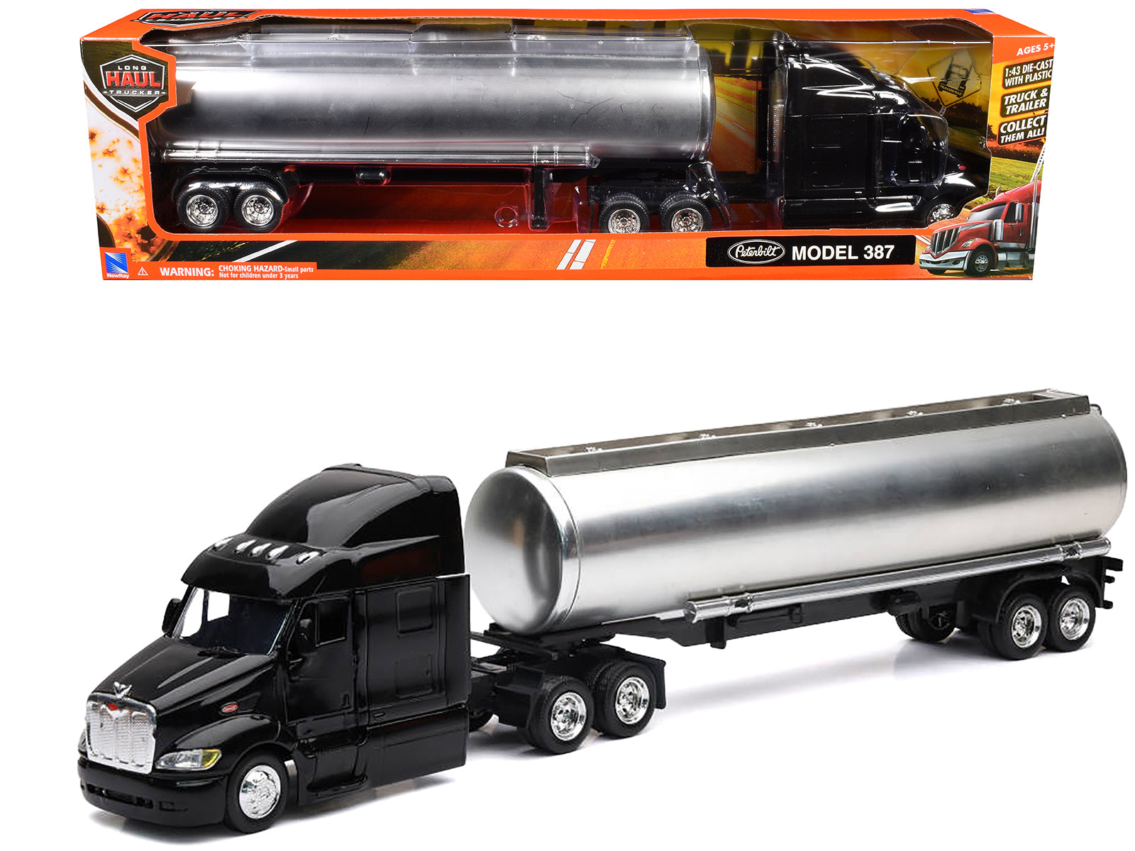 Peterbilt 387 Truck Black with Tanker Trailer Silver "Long Haul Truckers" Series 1/43 Diecast Model by New Ray-DiecastModeler.com