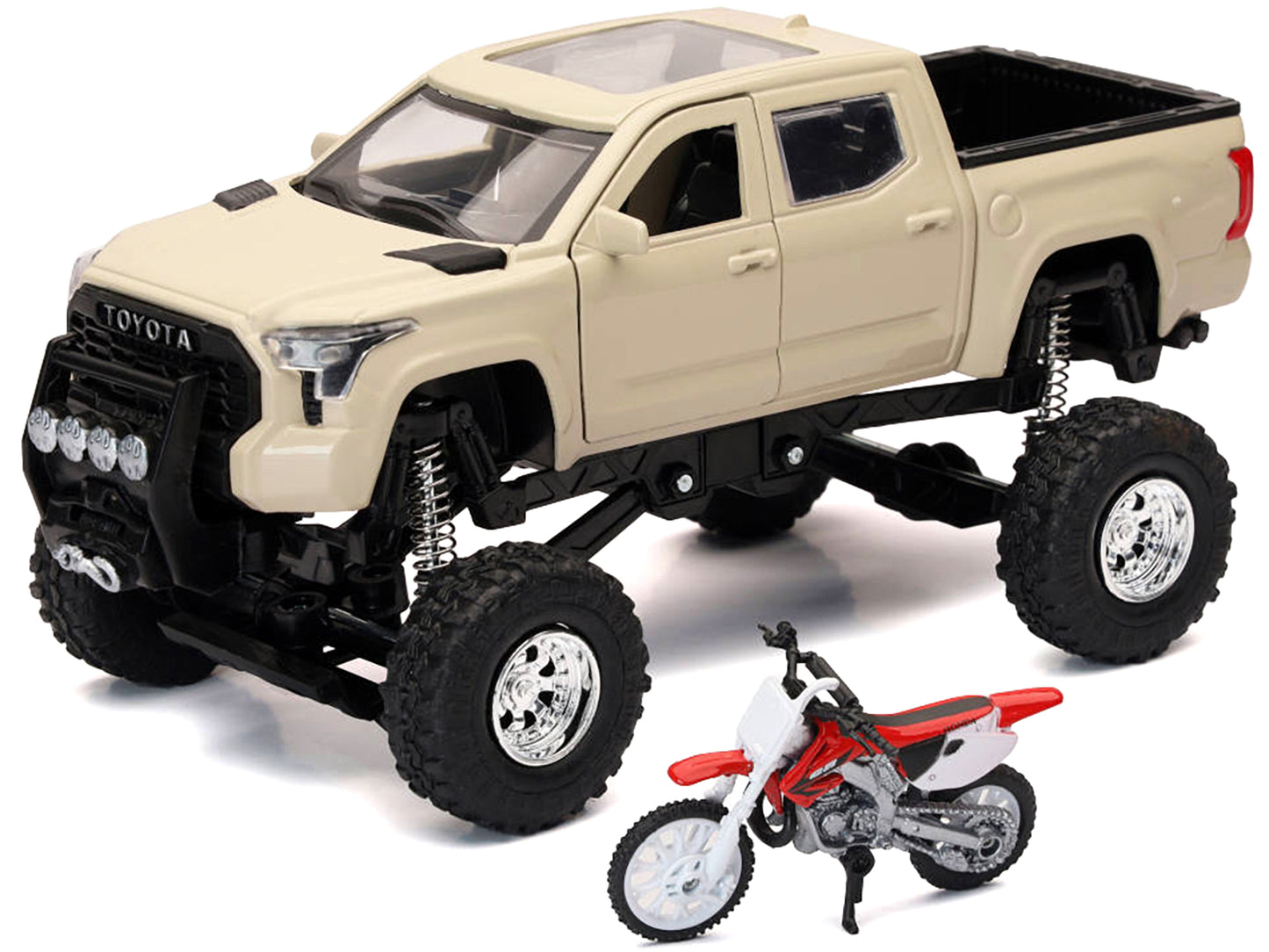 Toyota Tundra Pro Pickup Truck Tan and Honda CR250R Motorcycle Red and White "Xtreme Off-Road" Series 1/32 Diecast Models by New Ray